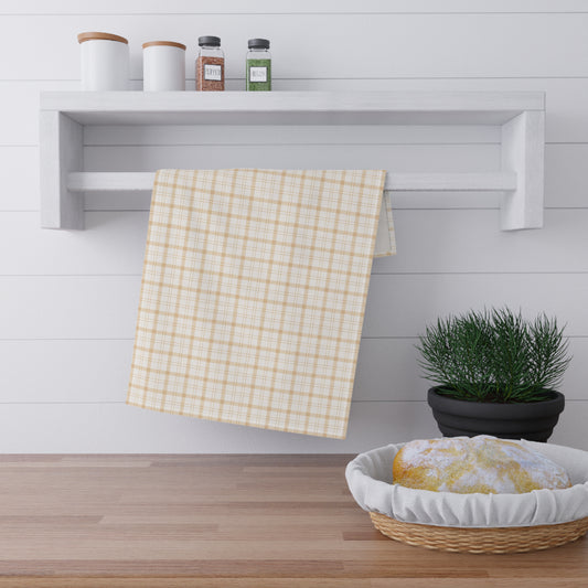 Neutral Plaid Tea Towel, Beige Check Kitchen Dish Towel, Rustic Farmhouse Cotton-Blend Tea Towel