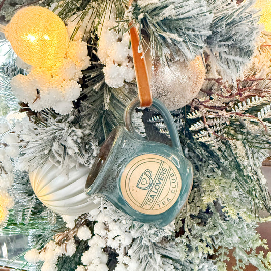 Tea Lovers Tea Club Mini Round Belly Mug Ornament Light Teal with Cinnamon and White