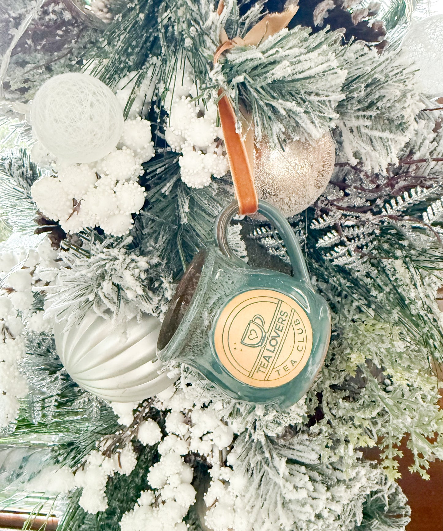 Tea Lovers Tea Club Mini Round Belly Mug Ornament Light Teal with Cinnamon and White