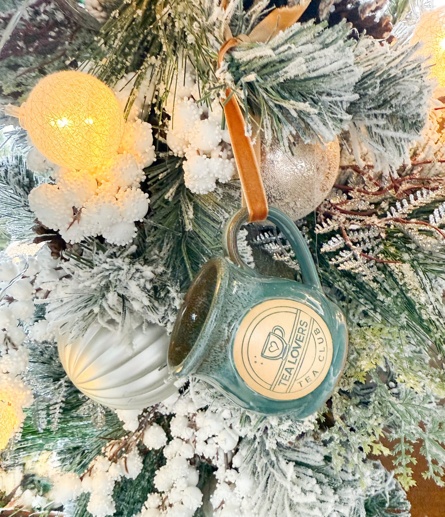 Tea Lovers Tea Club Mini Round Belly Mug Ornament Light Teal with Cinnamon and White