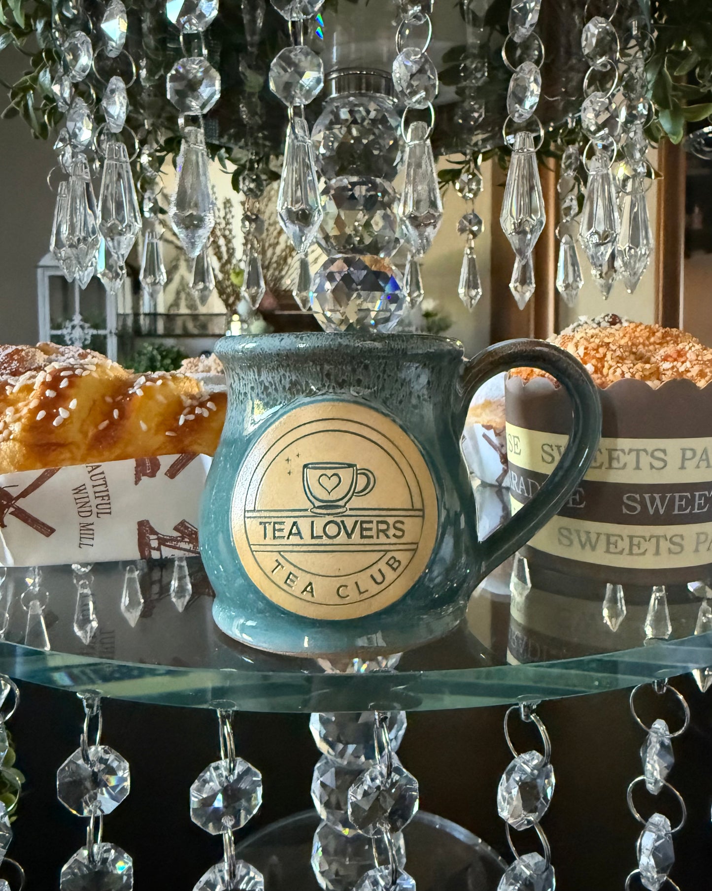 Tea Lovers Tea Club Mini Round Belly Mug Ornament Light Teal with Cinnamon and White