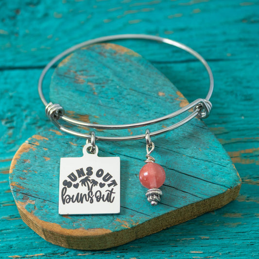 Summer Charm Bracelet - Suns Out Buns Out Bangle - Pink Bead Bracelet -Beach Vacation Jewelry - Funny Summer Gift For Her
