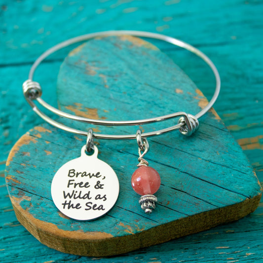 Brave Free Wild as the Sea Bracelet – Beach Quote Jewelry – Ocean Lover Gift – Coastal Charm Bangle – Summer Bracelet for Her – Boho Sea
