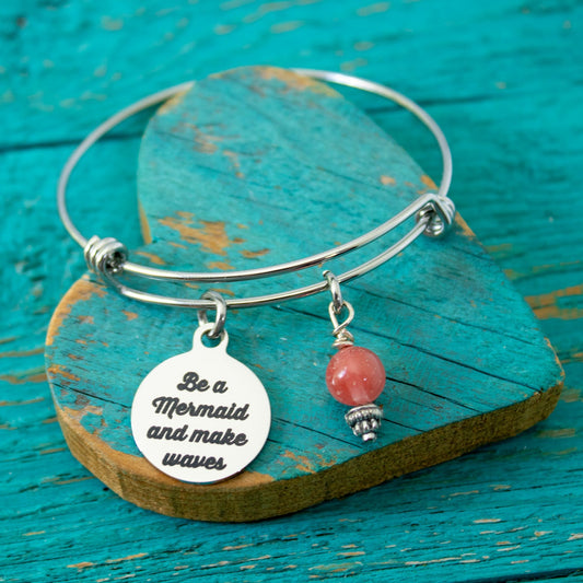 Mermaid Charm Bracelet – Be a Mermaid and Make Waves – Ocean Beach Jewelry – Adjustable Bangle with Charm & Bead – Gift for Mermaid Lover