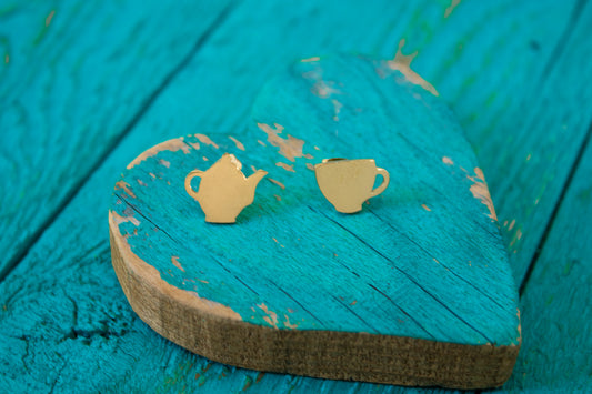 Golden Teapot & Teacup Stud Earrings