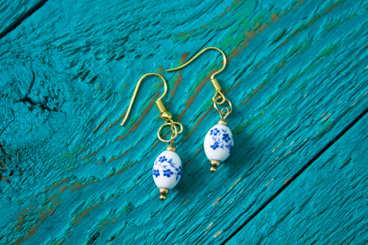 Oval Flora Collection White &amp; Blue Glass Flower Earrings