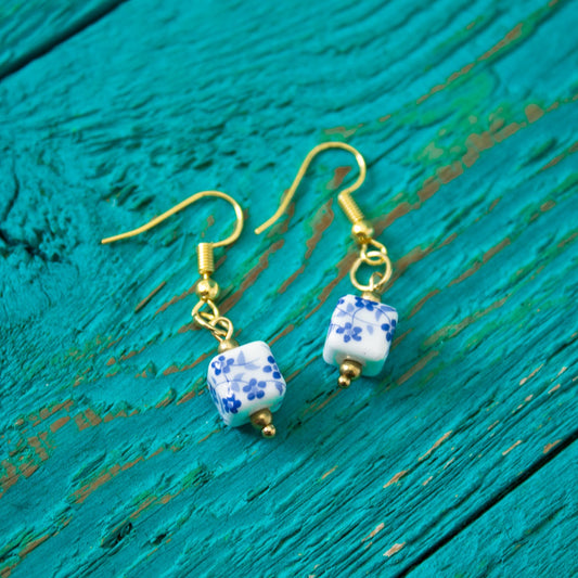 Cube Flora Collection White & Blue Flower Earrings