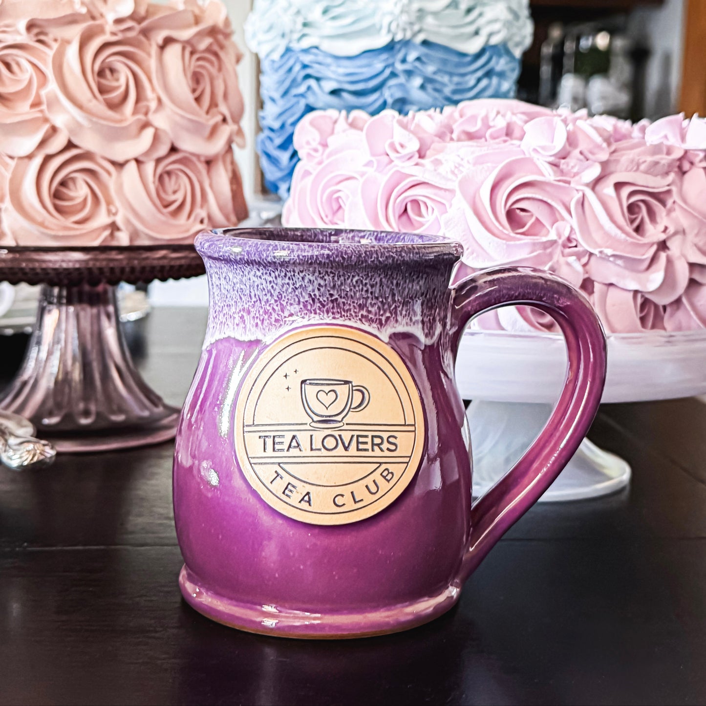 Tea Lovers Tea Club Tall Belly Mug Lilac with Plum and White