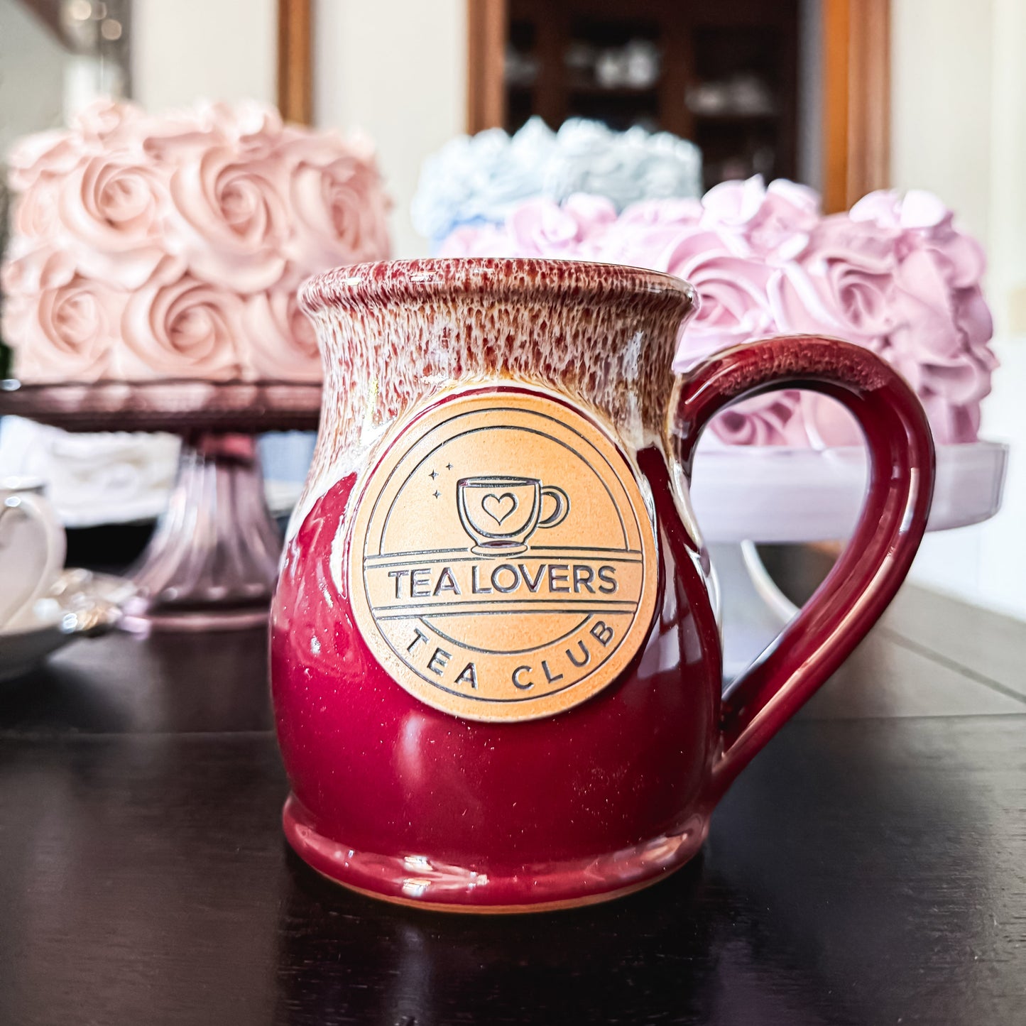 Tea Lovers Tea Club Tall Belly Mug Burgundy with Dijon and White