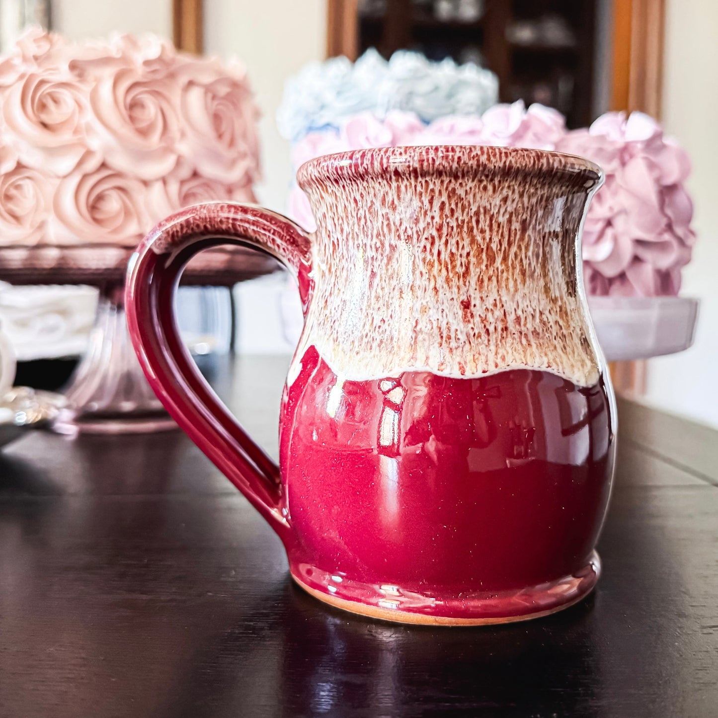 Tea Lovers Tea Club Tall Belly Mug Burgundy with Dijon and White