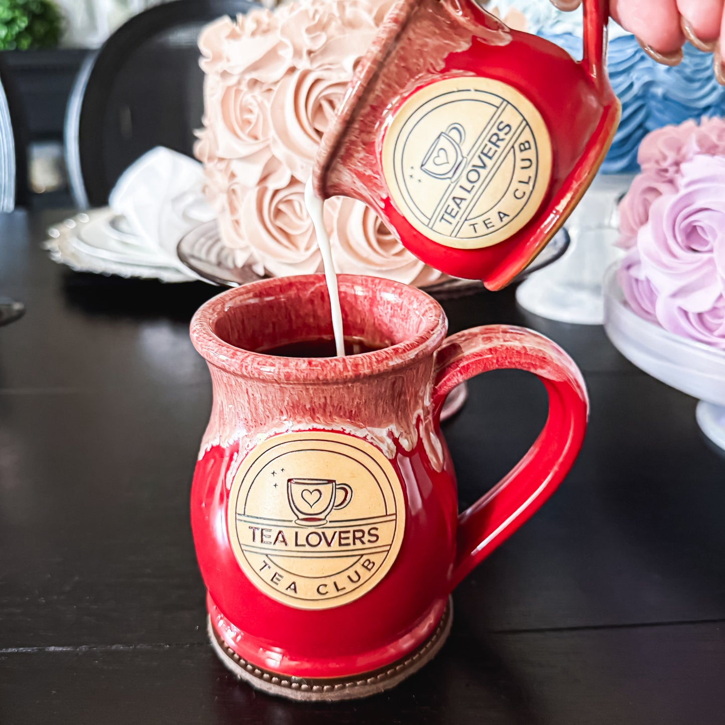 Tea Lovers Tea Club Tall Belly Mug Red with Sand and White