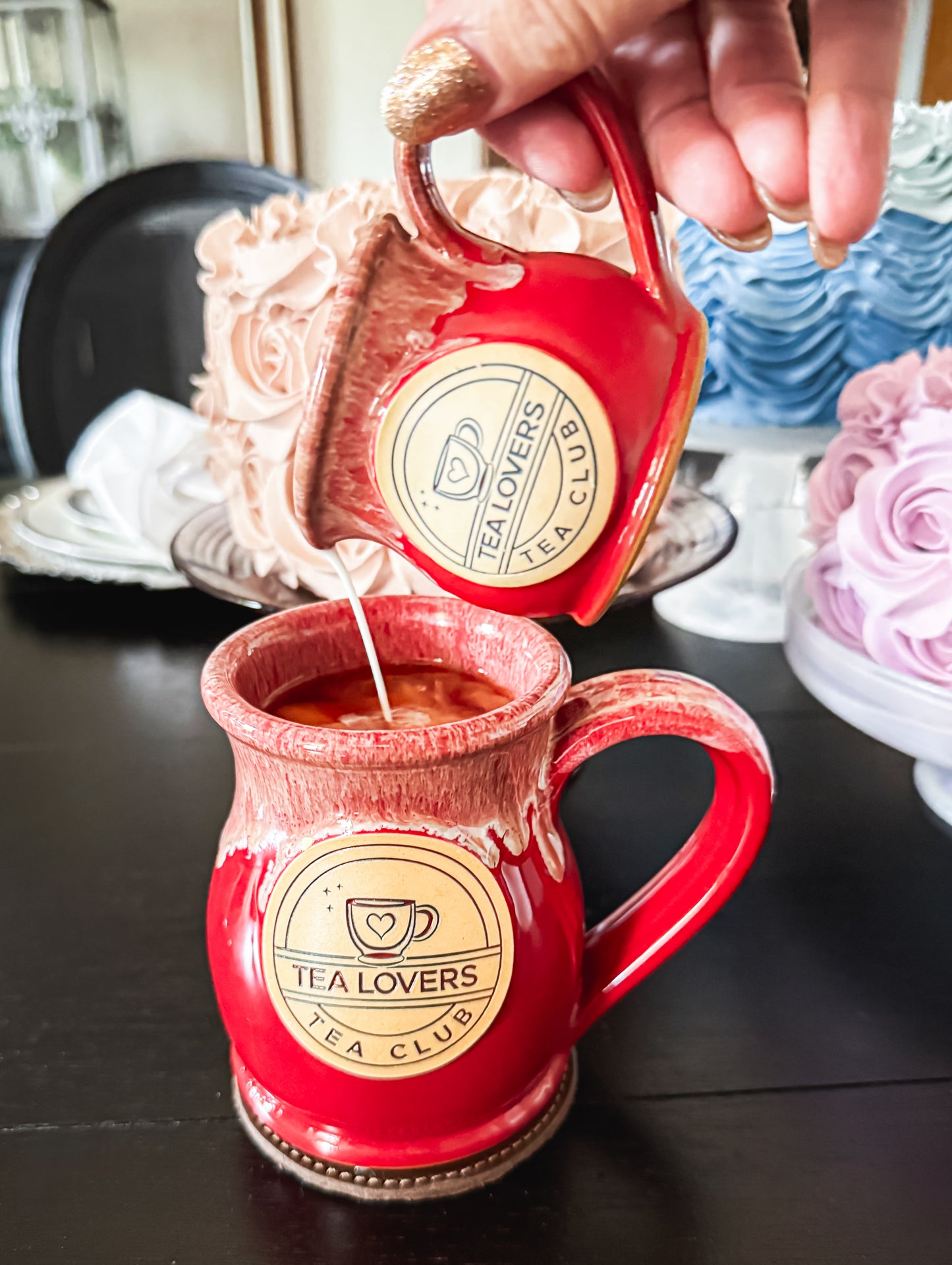Tea Lovers Tea Club Tall Belly Mug Red with Sand and White