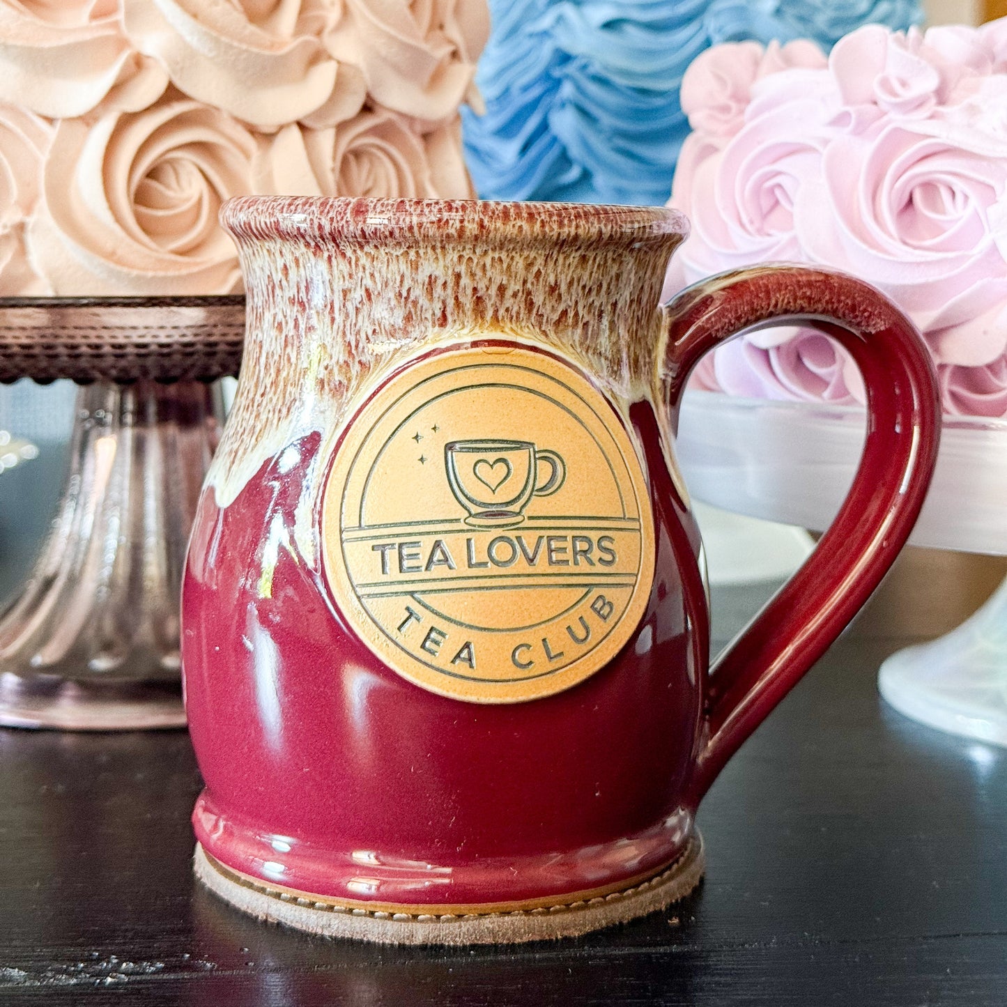 Tea Lovers Tea Club Tall Belly Mug Burgundy with Dijon and White