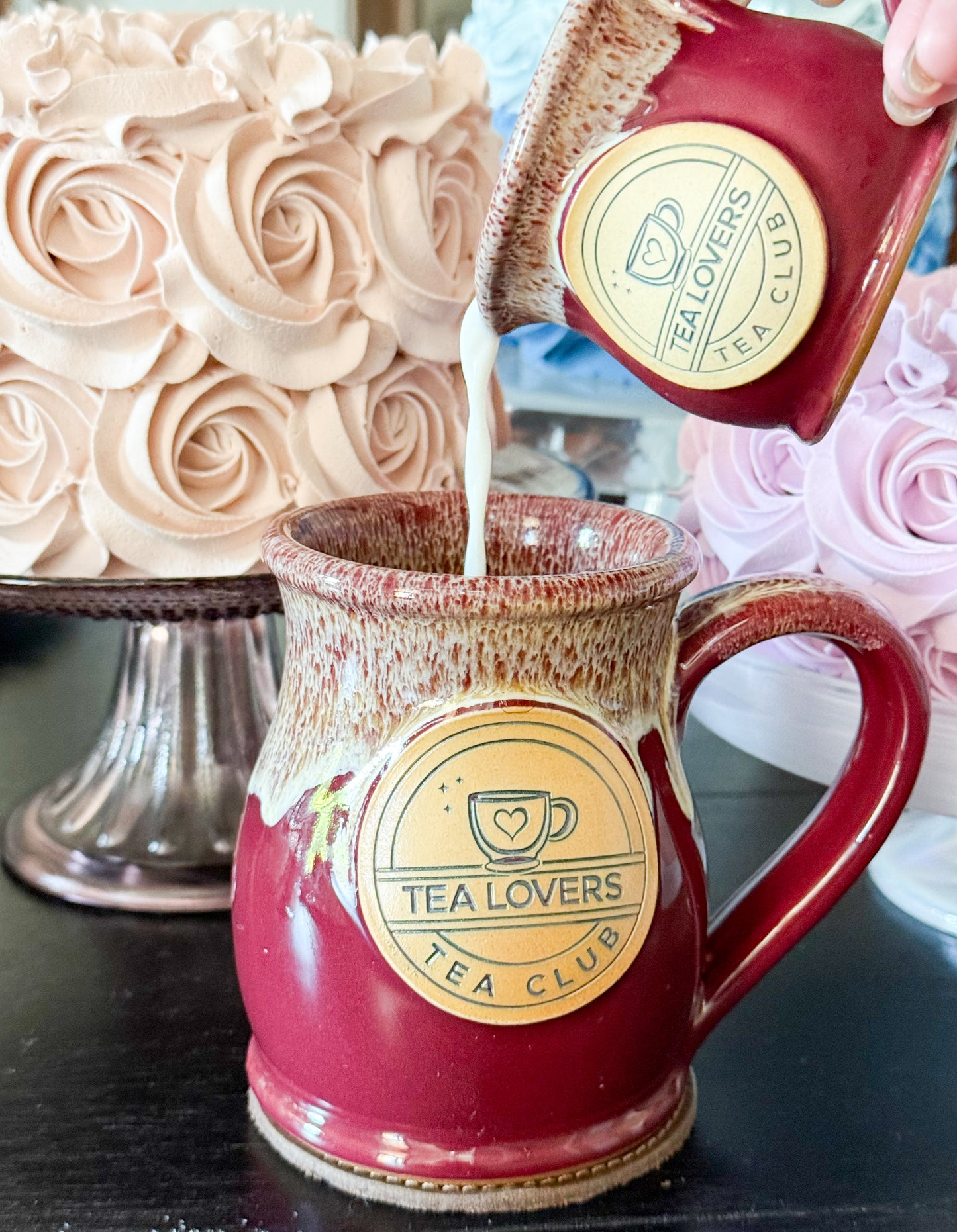 Tea Lovers Tea Club Tall Belly Mug Burgundy with Dijon and White