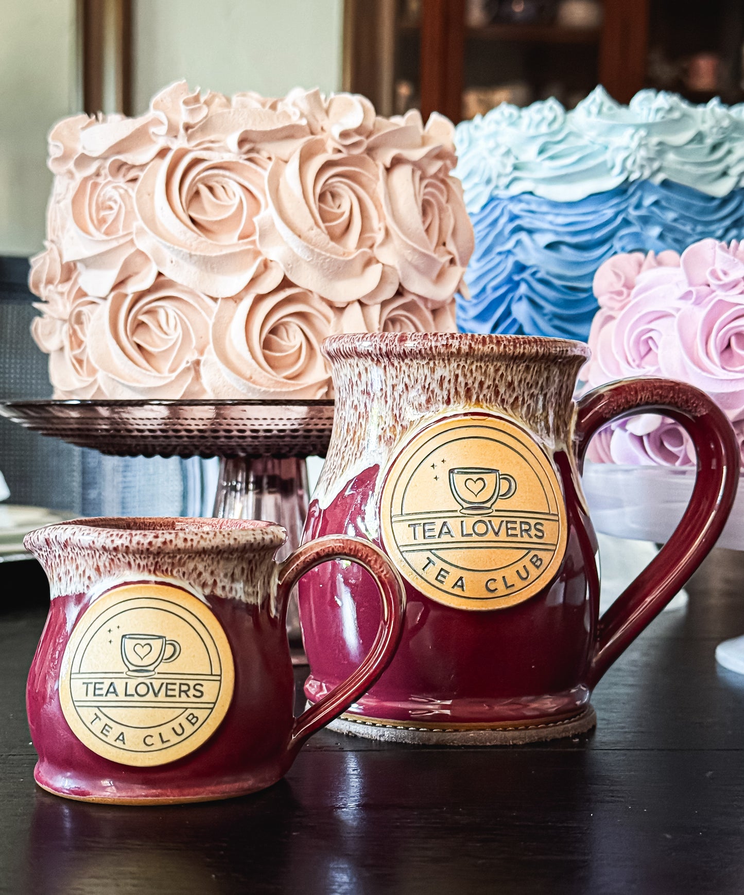 Tea Lovers Tea Club Tall Belly Mug Burgundy with Dijon and White