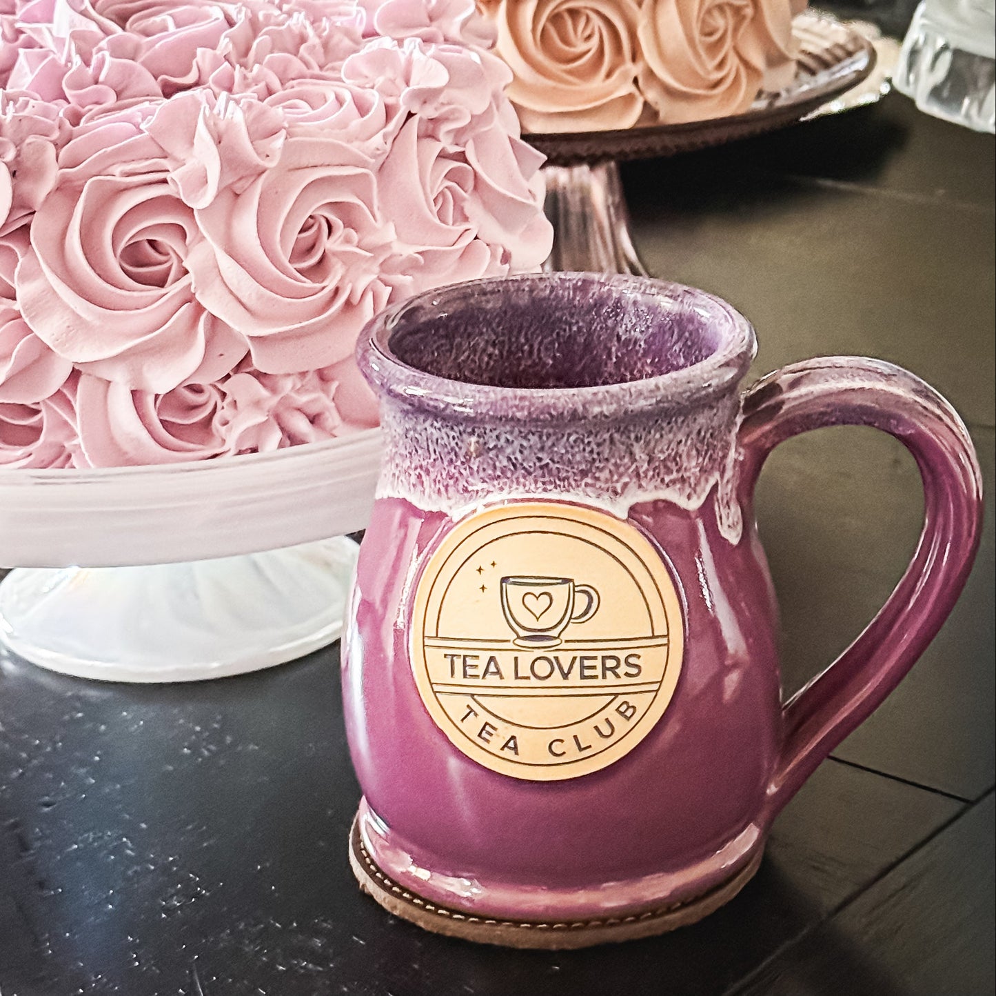 Tea Lovers Tea Club Tall Belly Mug Lilac with Plum and White