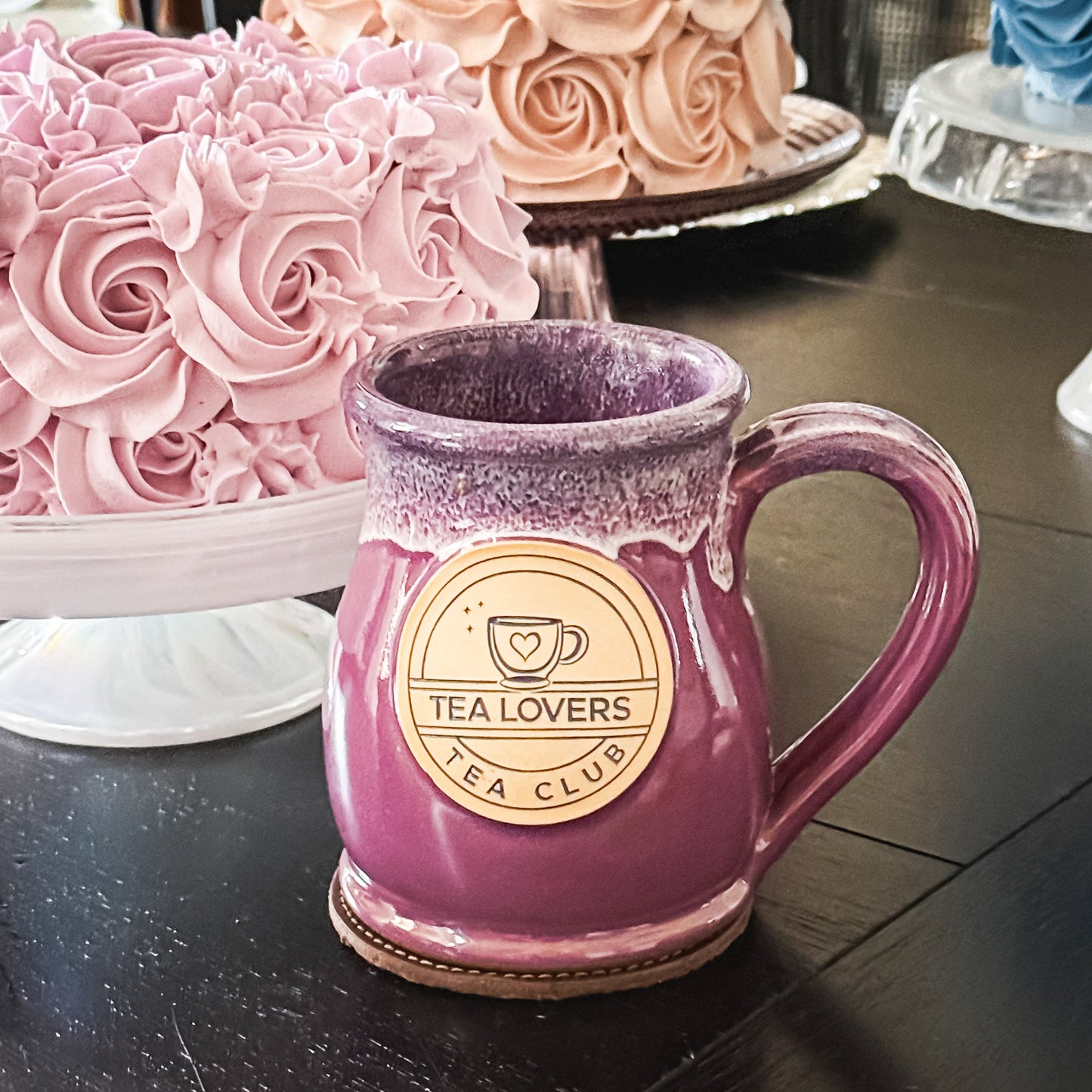Tea Lovers Tea Club Tall Belly Mug Lilac with Plum and White