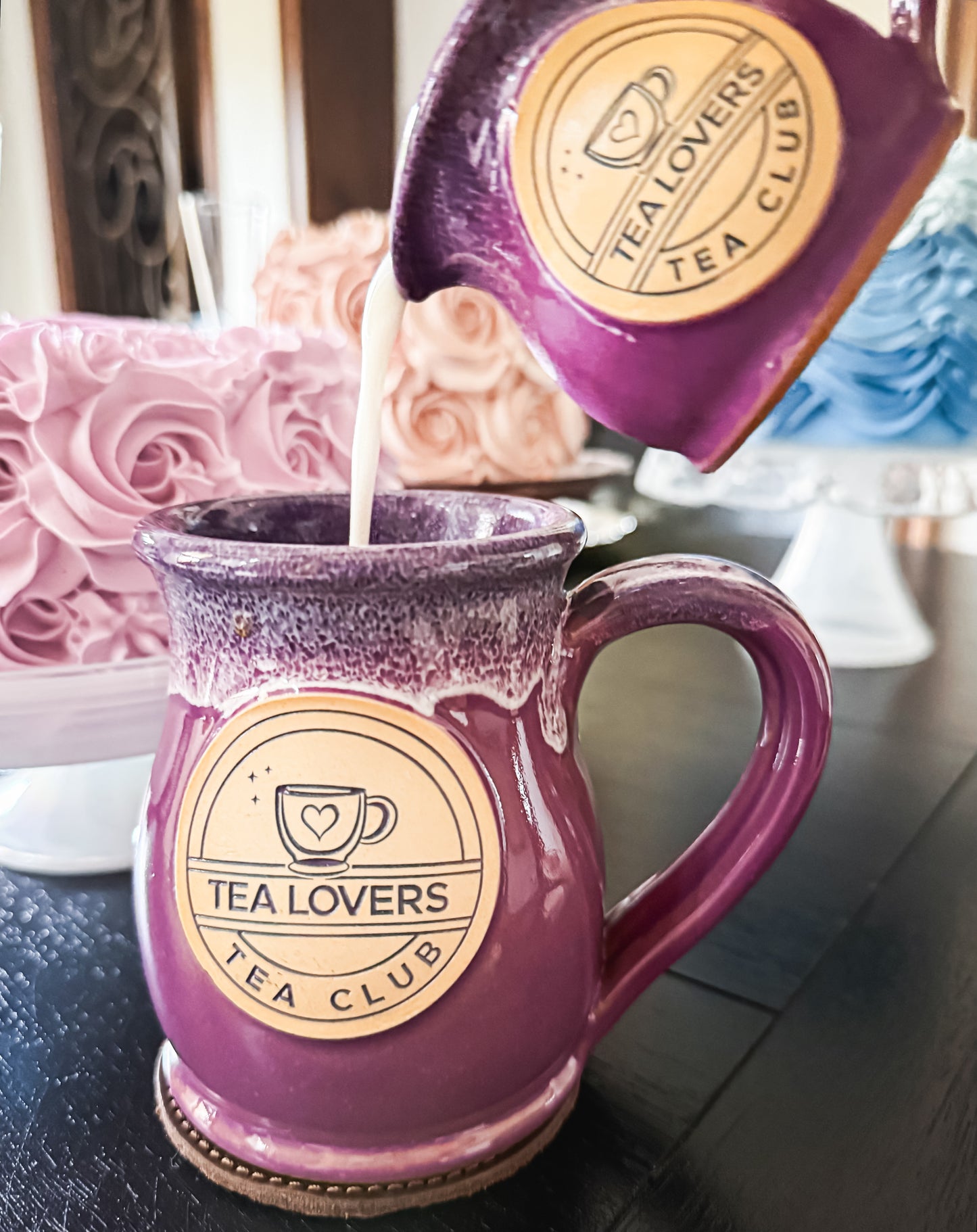 Tea Lovers Tea Club Tall Belly Mug Lilac with Plum and White