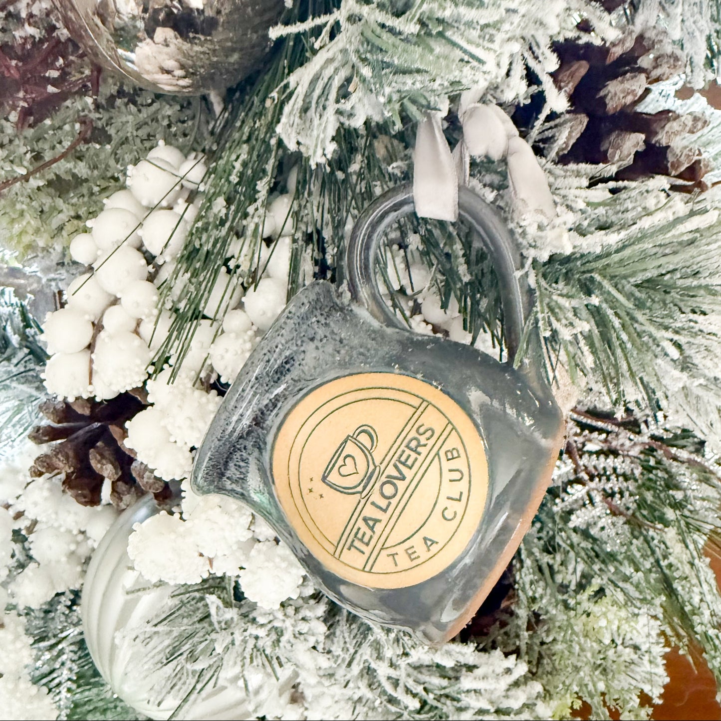 Tea Lovers Tea Club Mini Round Belly Mug Ornament Grey with Black and White