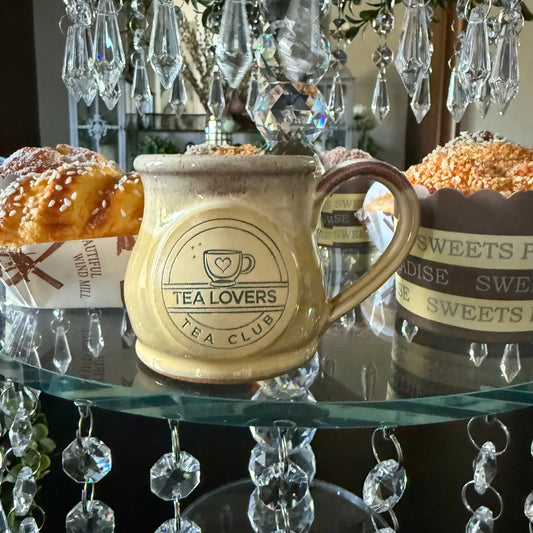 Tea Lovers Tea Club Mini Round Belly Mug Ornament Light Dijon With Burgundy and White