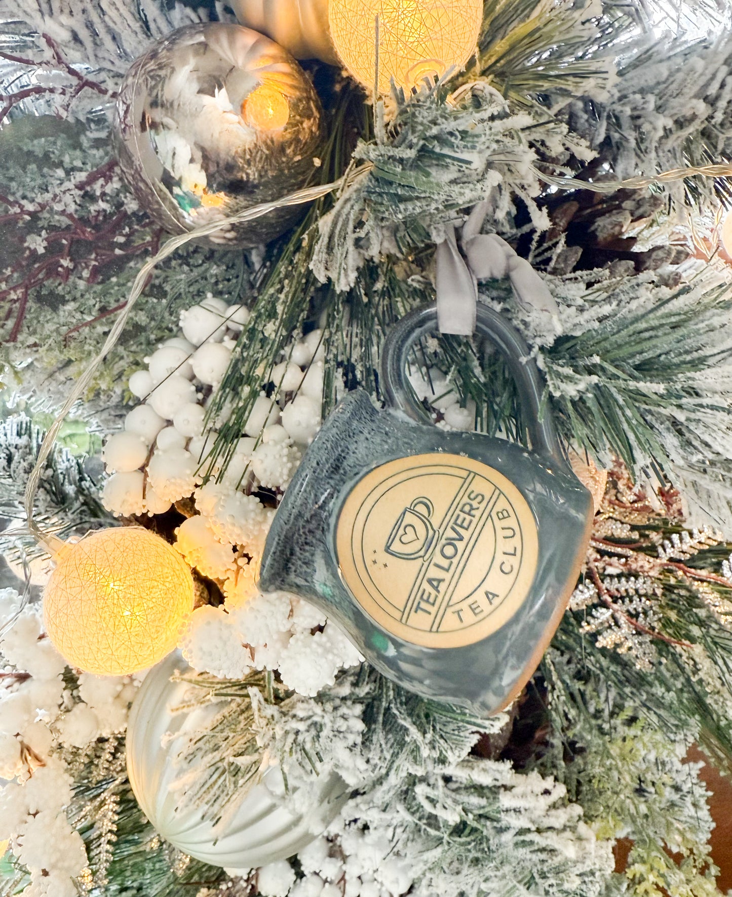 Tea Lovers Tea Club Mini Round Belly Mug Ornament Grey with Black and White