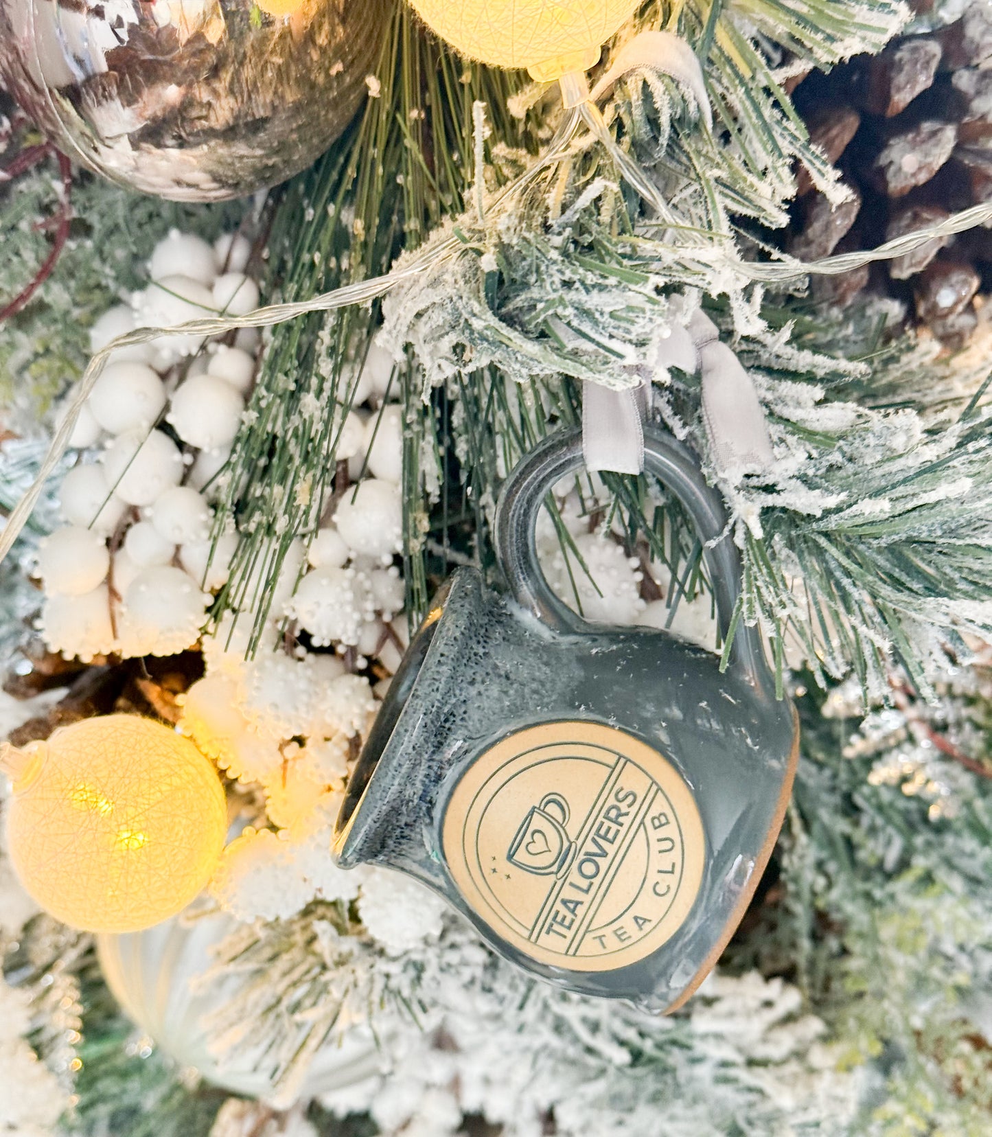 Tea Lovers Tea Club Mini Round Belly Mug Ornament Grey with Black and White