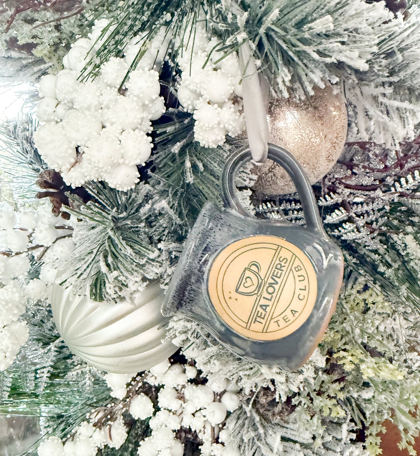 Tea Lovers Tea Club Mini Round Belly Mug Ornament Grey with Black and White