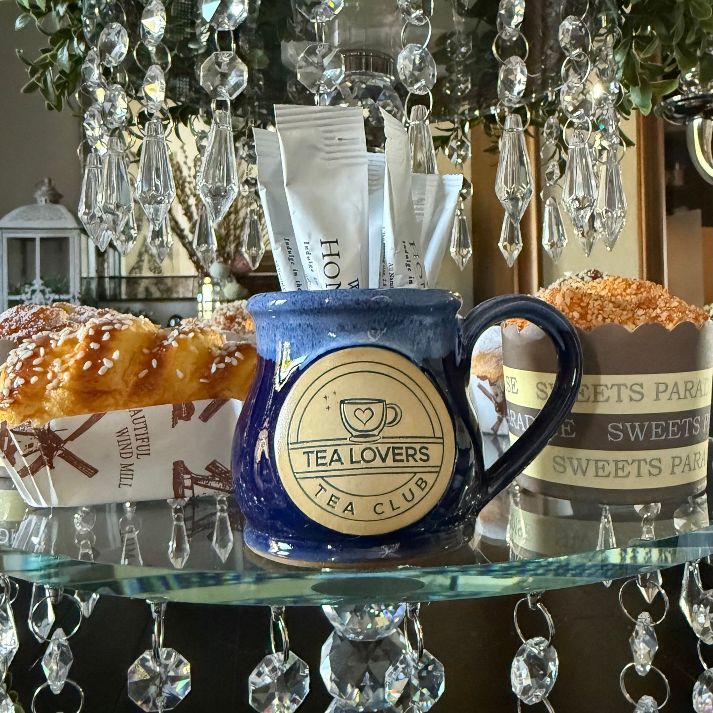 Tea Lovers Tea Club Mini Round Belly Mug Ornament Navy Powder Blue and White