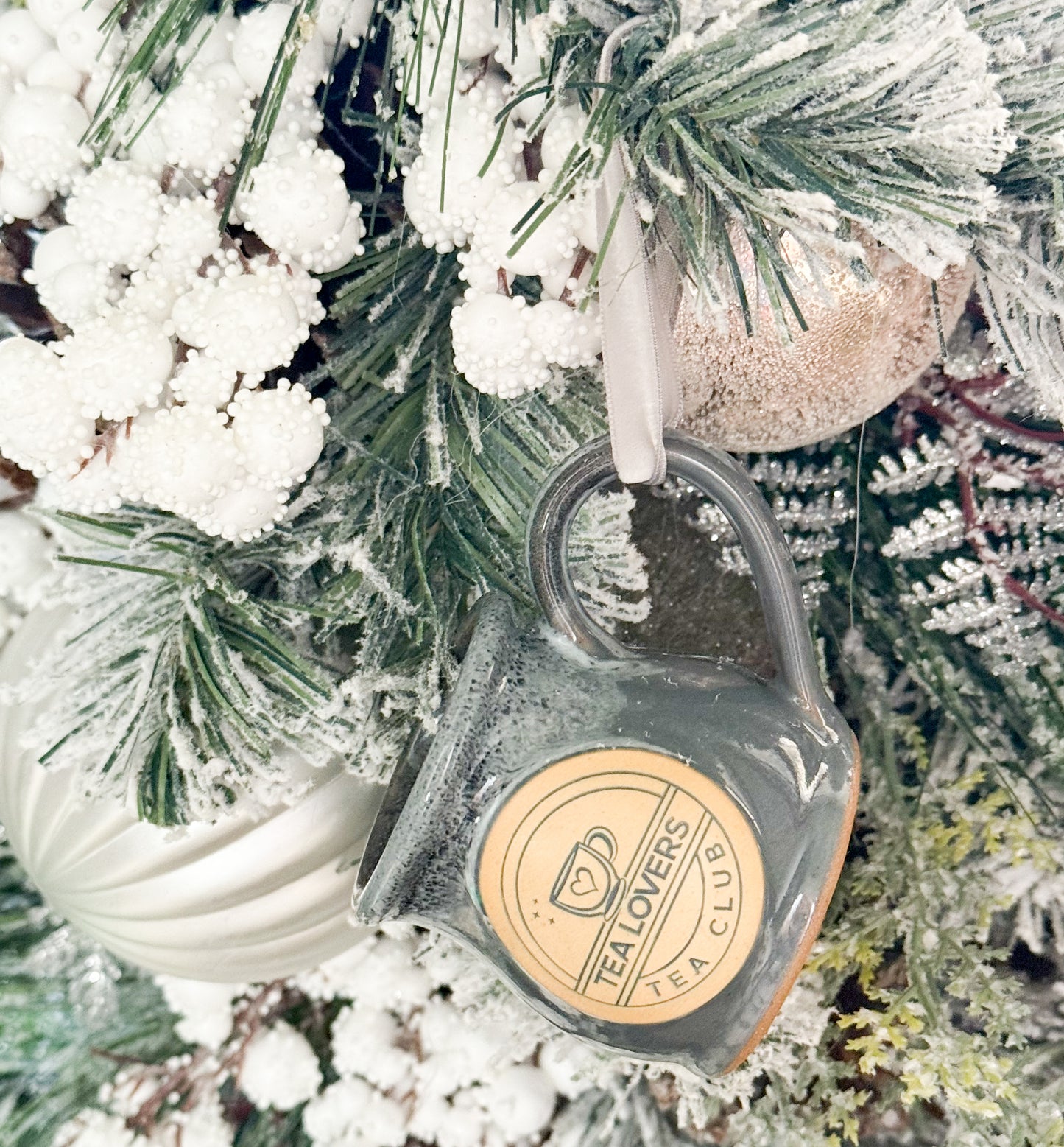 Tea Lovers Tea Club Mini Round Belly Mug Ornament Grey with Black and White