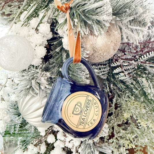 Tea Lovers Tea Club Mini Round Belly Mug Ornament Navy Powder Blue and White
