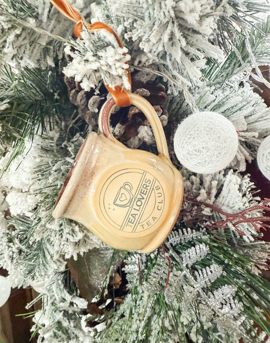 Tea Lovers Tea Club Mini Round Belly Mug Ornament Light Dijon With Burgundy and White