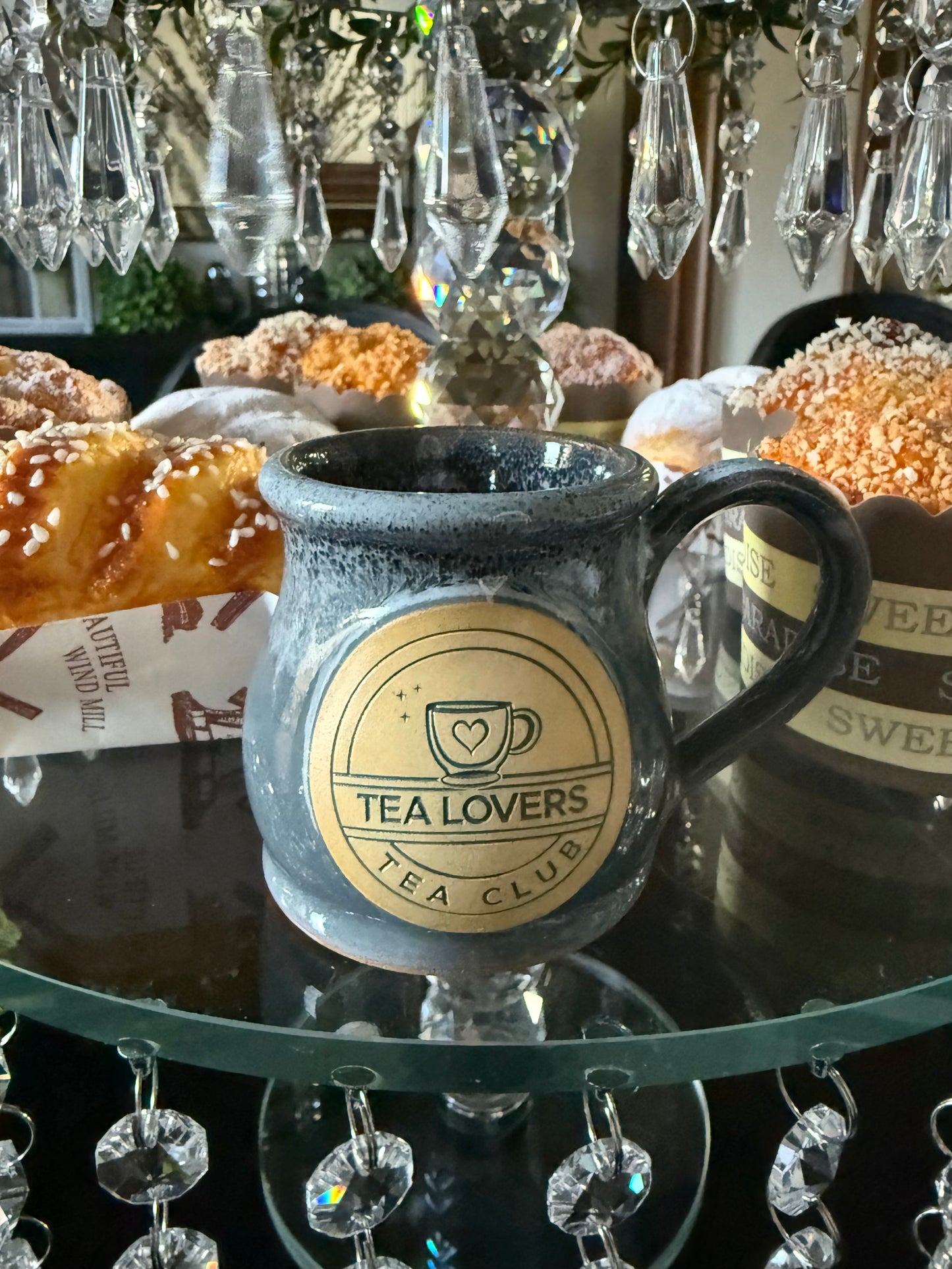 Tea Lovers Tea Club Mini Round Belly Mug Ornament Grey with Black and White