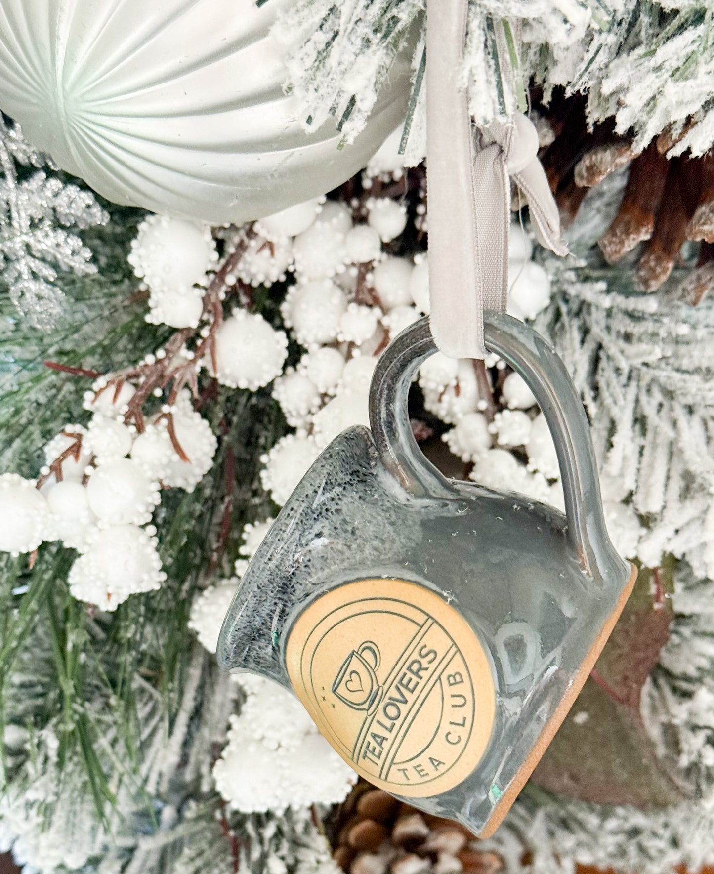 Tea Lovers Tea Club Mini Round Belly Mug Ornament Grey with Black and White