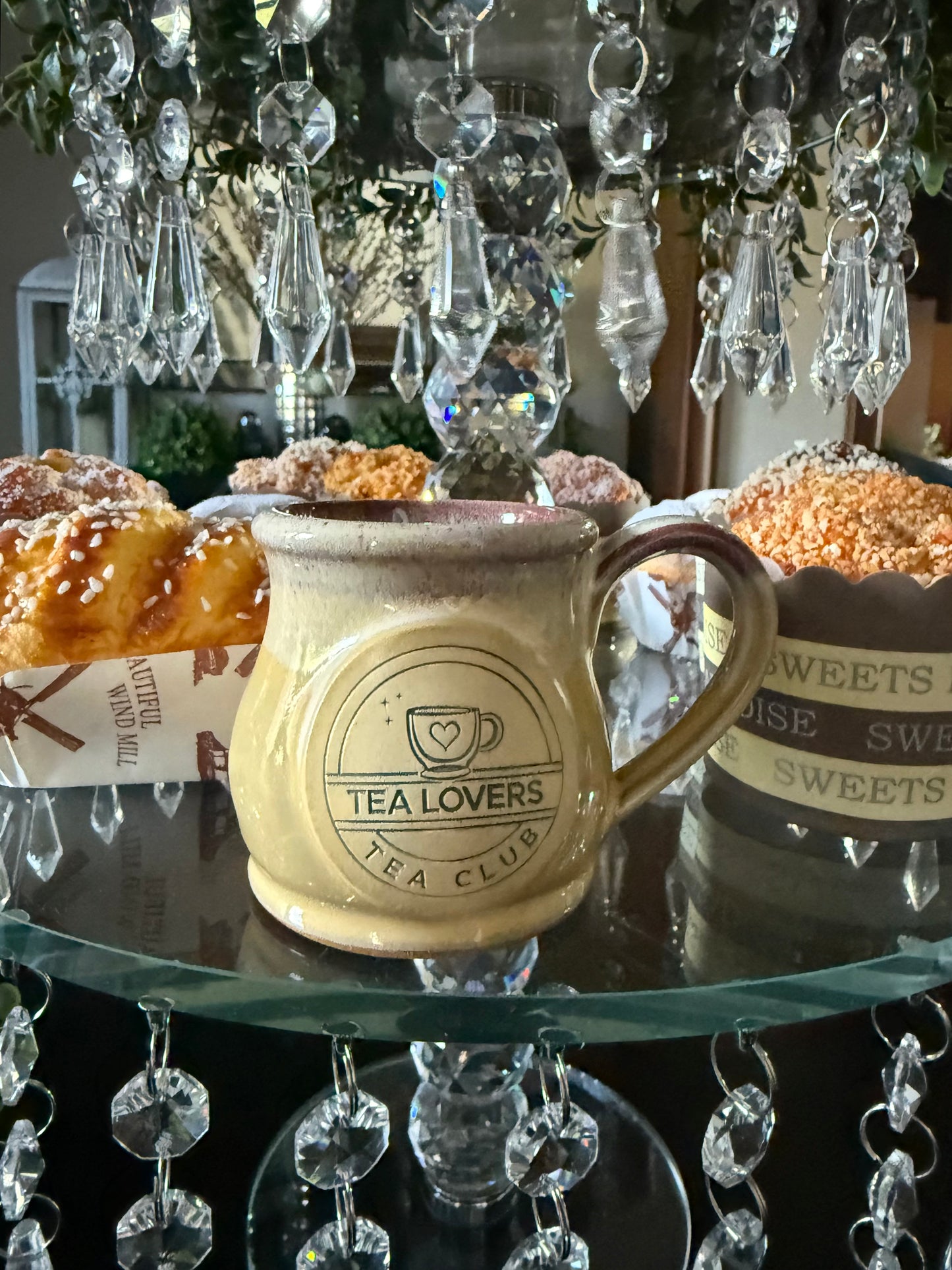 Tea Lovers Tea Club Mini Round Belly Mug Ornament Light Dijon With Burgundy and White