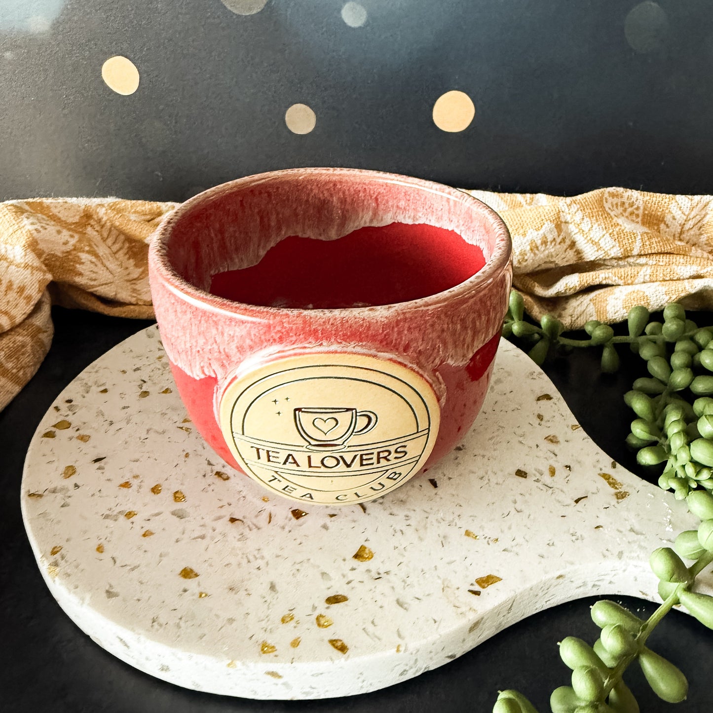 Tea Lovers Tea Club Red with Sand and White Skol Tea bowl