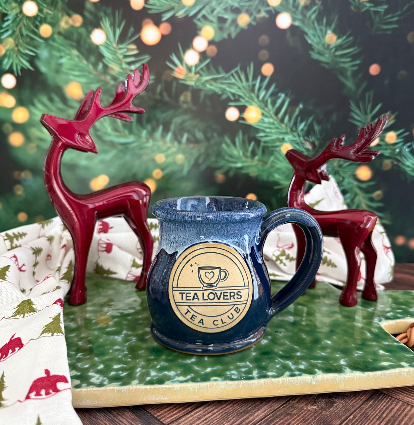 Tea Lovers Tea Club Round Belly Navy Mug With Powder Blue and White