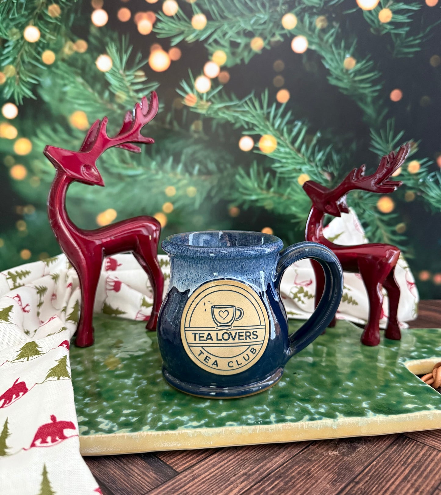 Tea Lovers Tea Club Round Belly Navy Mug With Powder Blue and White