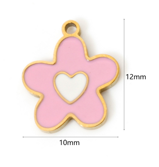 Flower Heart Gold Pink and White Charm