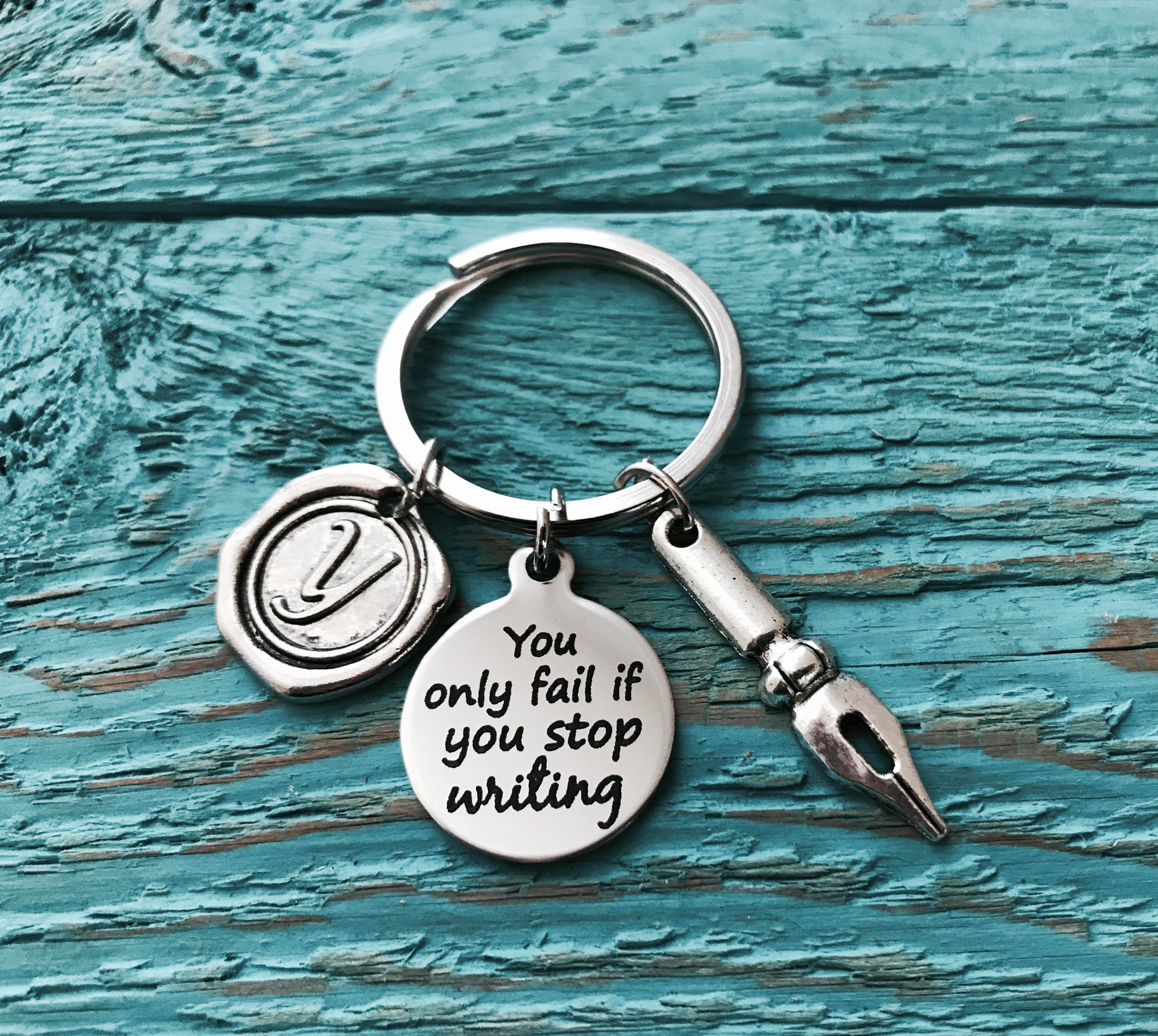 You Only Fail If You Stop Writing, Writer Gift, Ray Bradbury Quote, Silver Keychain SIlver Keyring, Book Quote, Writing, Author, Poet, GIfts