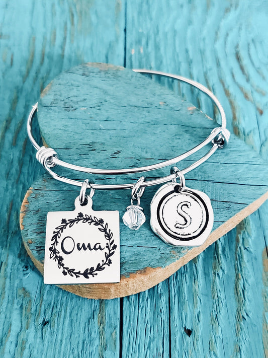 OMA, German, Gran, Grandma, Silver Bracelet, Gifts for, Oma Gift, Silver Jewelry, Charm Bracelet, Engraved, Stainless steel, Keepsake