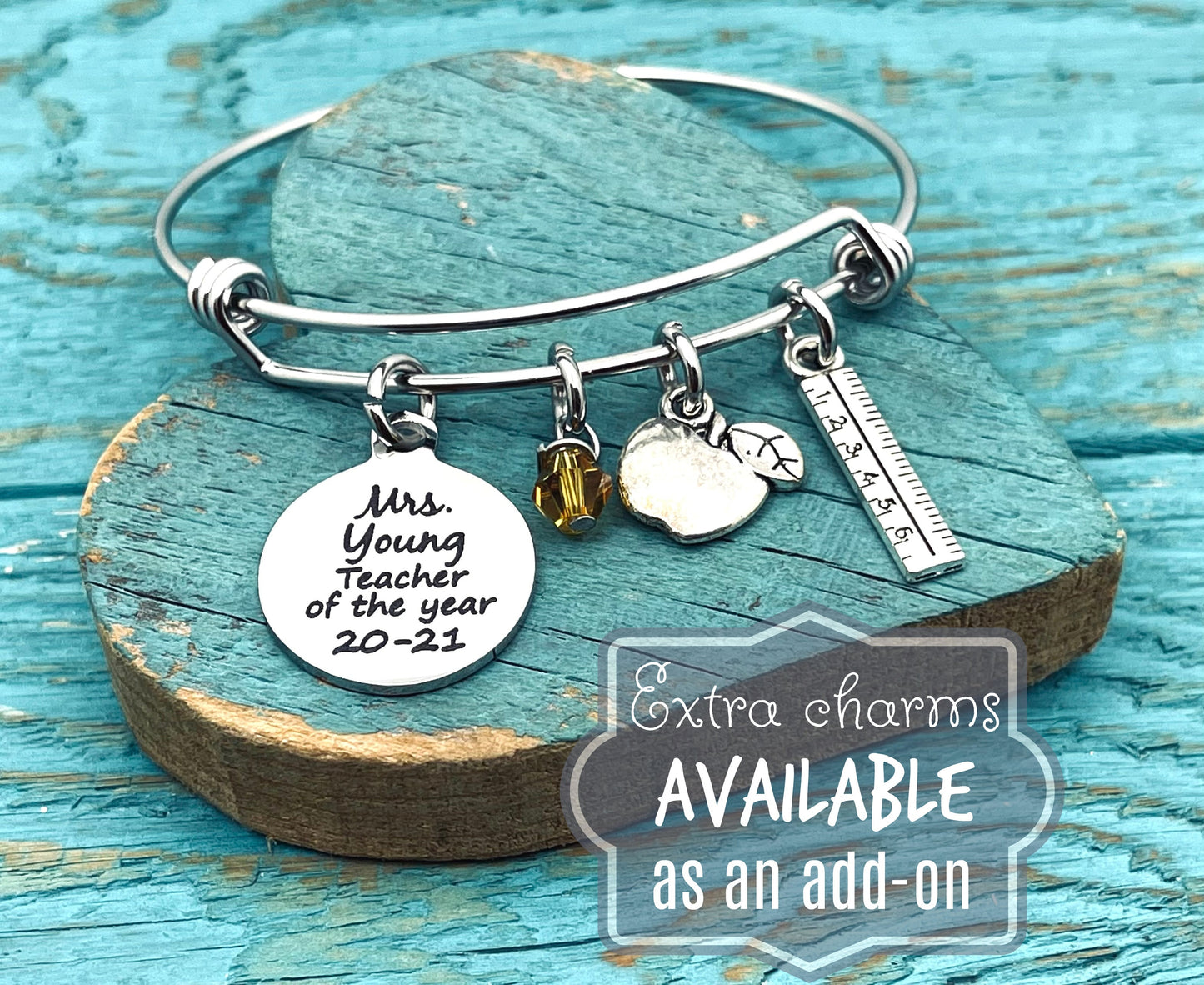 Teacher of the year, Silver Bracelet, Charm Bracelet, Gift for, Teacher, Teaching assistant, Personalized, End of year, Teacher Appreciation